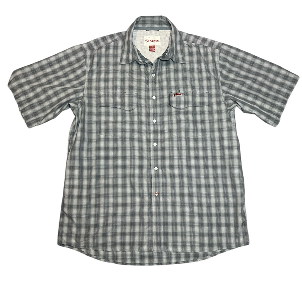 Simms gray plaid shirt outdoor vented fishing western pearl snap Men's Shirt M